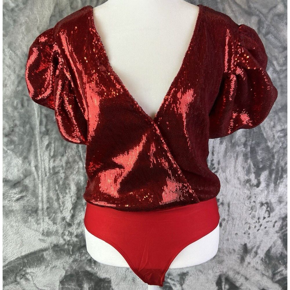 Valentine Women Red Sequin Blouse Bodysuit Medium Keyhole Neck Puff Sleeves Love